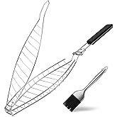 Fish Grill Basket, Heavy Duty Stainless Steel Grilling Basket with Removable Wooden Handle & Bonus Basting Brush, BBQ Accesso