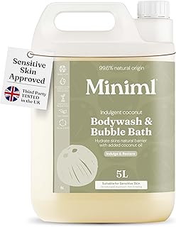 Miniml All Natural Body Wash and Bubble Bath - 5L Refill Moisturising Nourishing Coconut Vera Sensitive Skin Eco Shower Gel Bath Soak - Vegan Friendly Hand, Face & Body High Foam Scrub