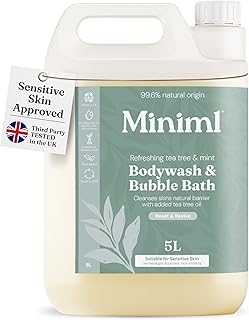 Miniml All Natural Body Wash and Bubble Bath - 5L Refill Moisturising Tea Tree and Mint Sensitive Skin Eco Shower Gel Bath Soak - Vegan Friendly Hand, Face & Body High Foam Scrub